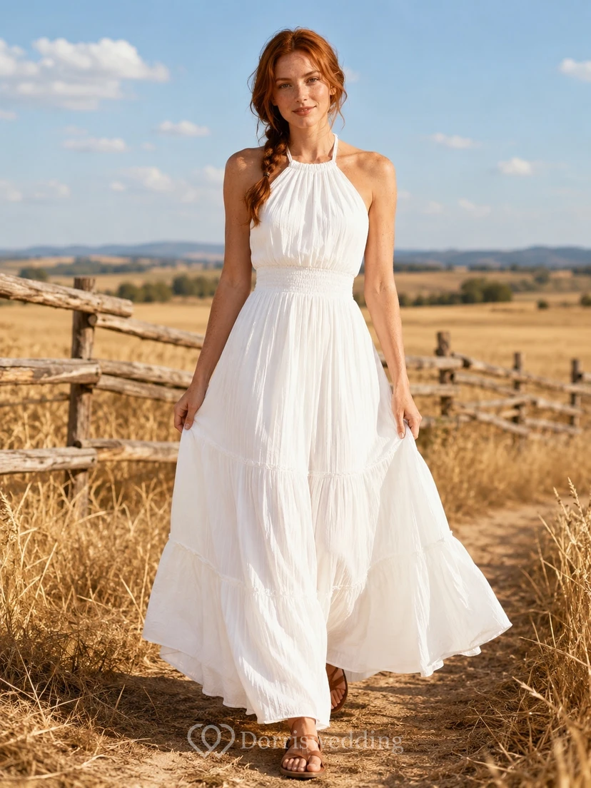 Robe d'été décontractée blanche champêtre en mousseline, coupe trapèze, dos nu et longue jusqu'au sol