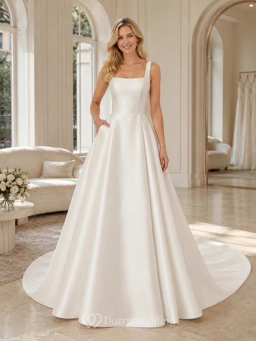 Robe de mariée moderne en satin simple, col carré, coupe trapèze et traîne chapelle