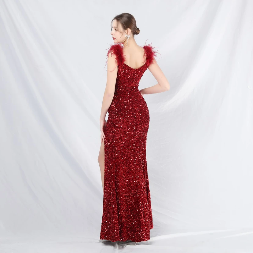 Craft Beaded Ostrich Feather Plush Sequined Long Evening Dress view 33