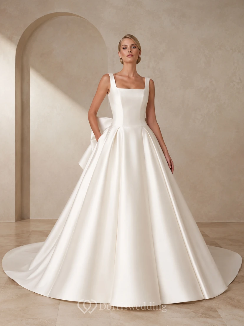 Robe de mariée classique en satin à col carré et dos nu avec nœud