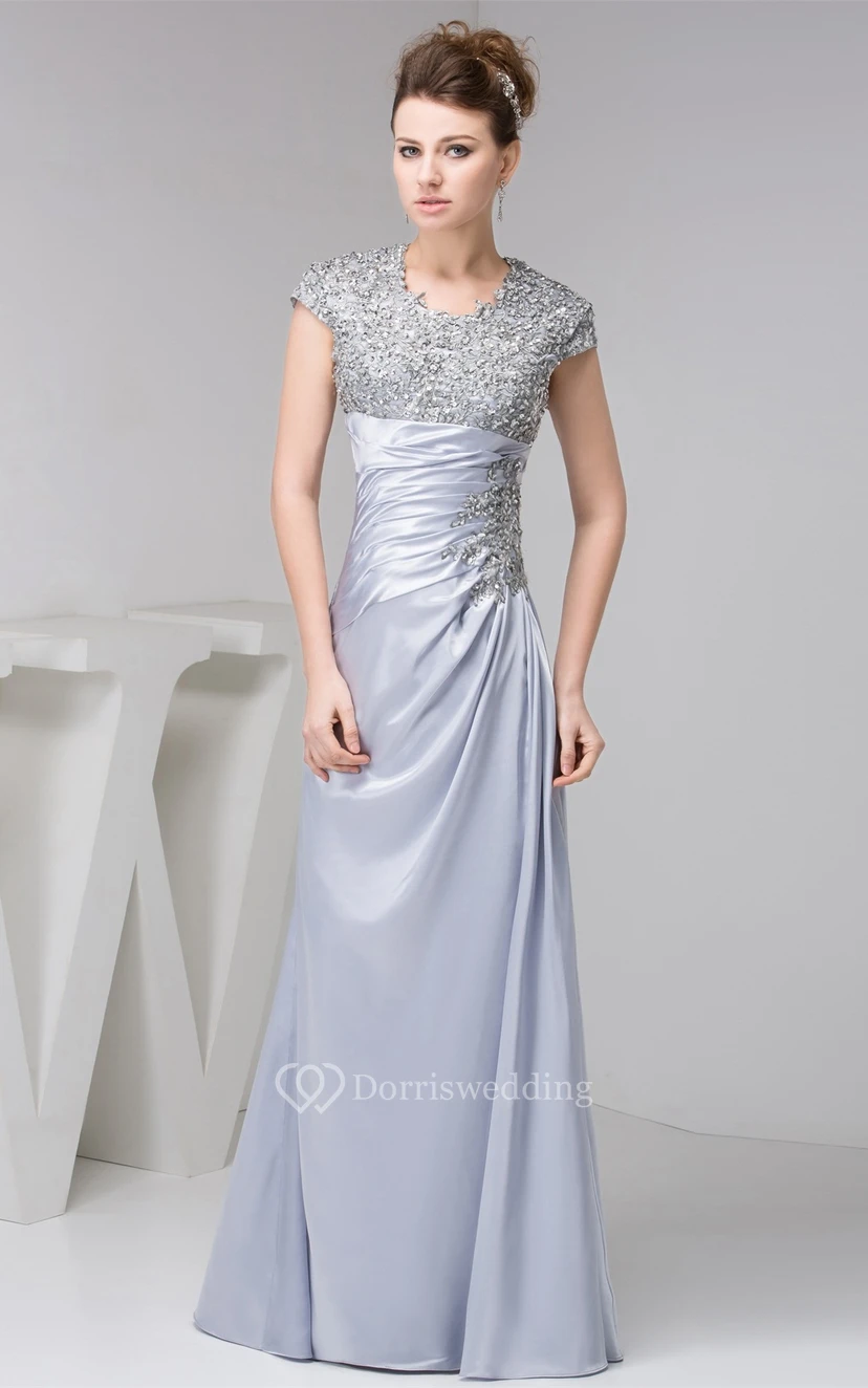 Caped-Sleeve Sheath Ruched Appliques and Dress With Jewels