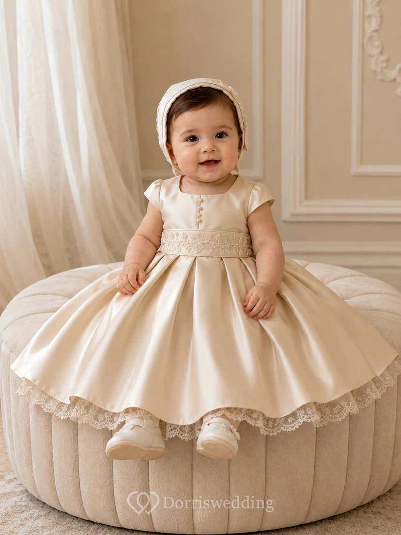 Baptism Dress Luxury Satin A-Line Scoop Neck Sleeveless Lace Hem