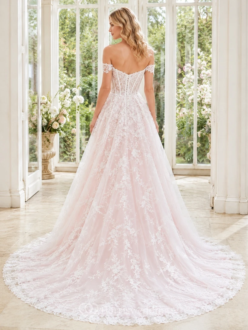Rosafarbenes, schulterfreies A-Linien-Brautkleid aus Spitze mit Schleppe für eine Gartenhochzeit view 2