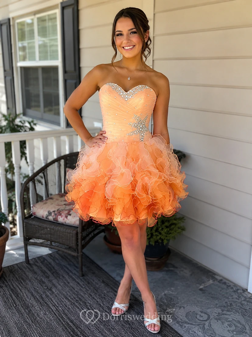 Mini-Kleid mit herzförmigem Herzausschnitt, Perlenbesatz, Rüschen und Schnürung am Rücken view 10