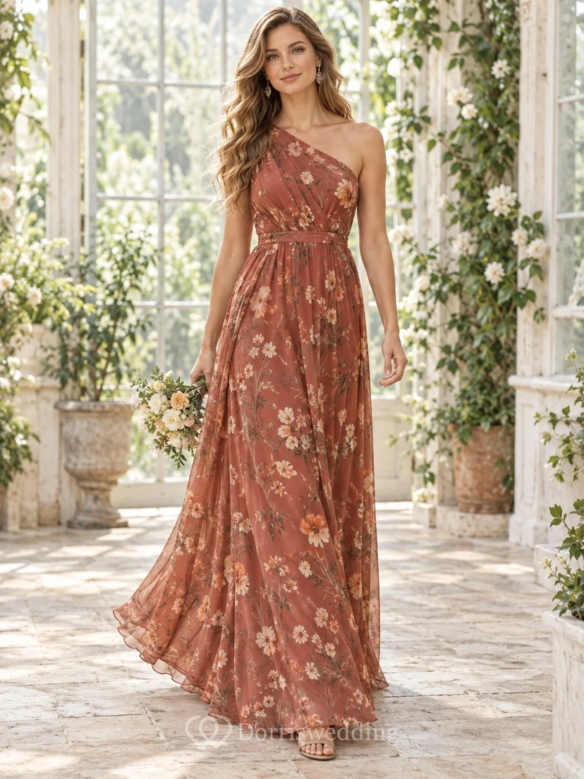 Brautjungfernkleid aus Chiffon in Papaya-Terracotta-Blumenmuster mit One-Shoulder-Ausschnitt und Drapierung, bodenlang