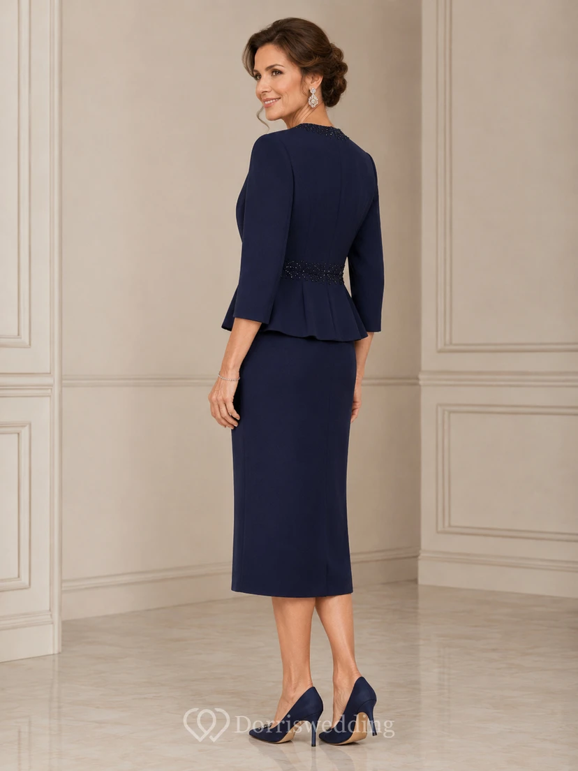 Dark Navy Peplum Mother Dress with Jacket Dark Navy Notched Pencil Knee-length view 2