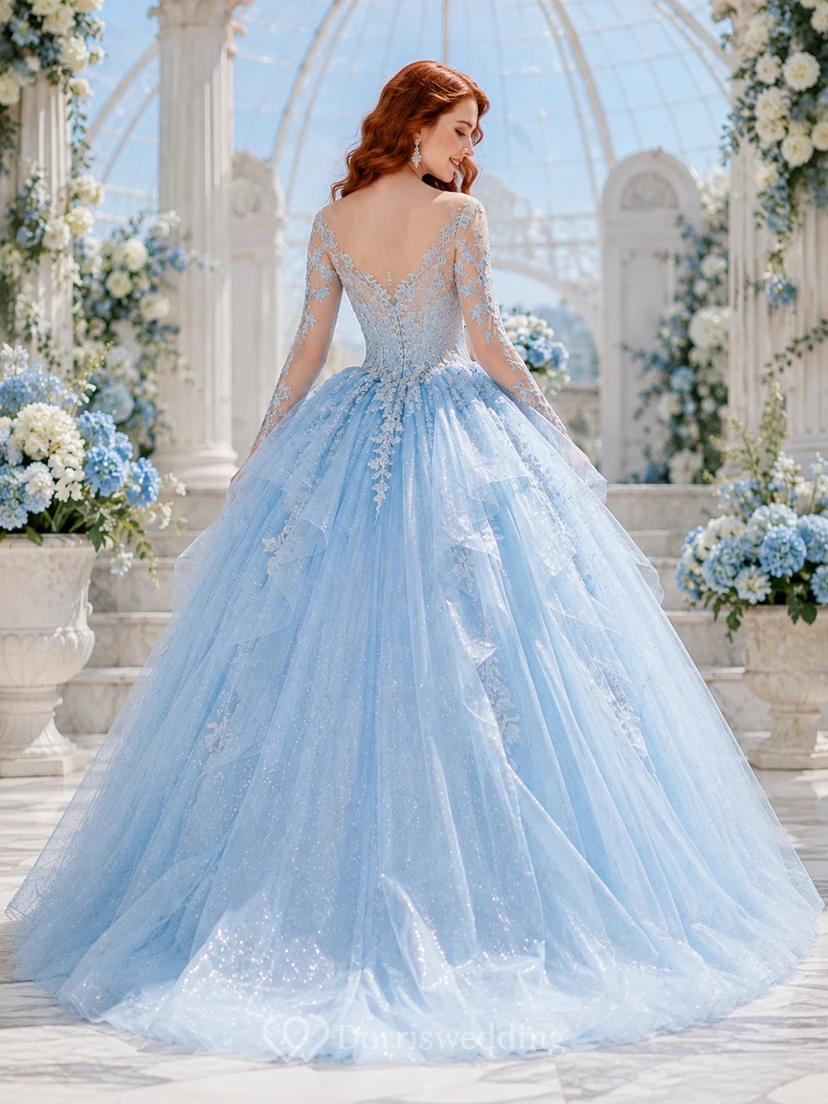 Sky Blue Embroidered Tulle Long Sleeve Off Shoulder Ball Gown Quinceanera Dress view 2