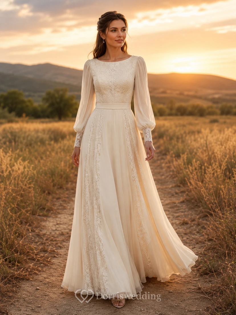 Country Lace Wedding Dress A-Line V-Neck Long Sleeve Chapel Train Bridal Gown