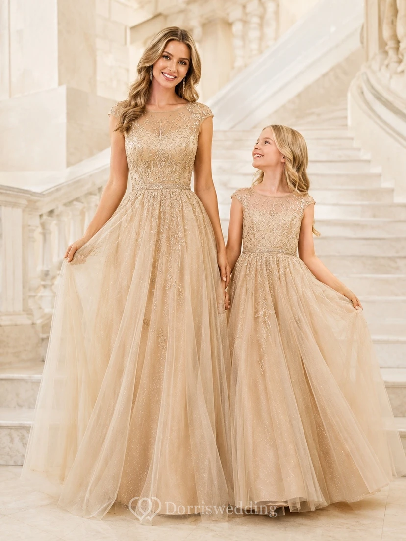 Champagne Mother-Daughter Tulle Cap-Sleeve A-Line Ball Gown Dress