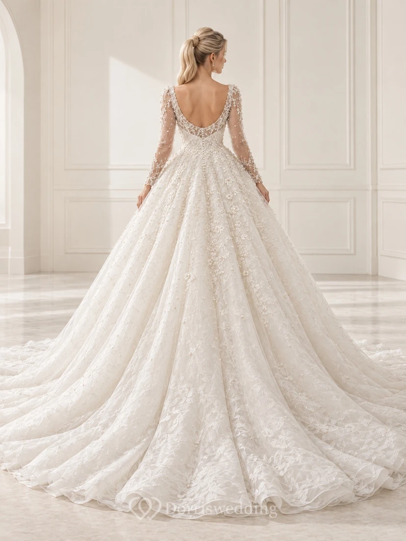 Long Sleeve Plunge V-neck Lace Ball Gown Wedding Dress view 2