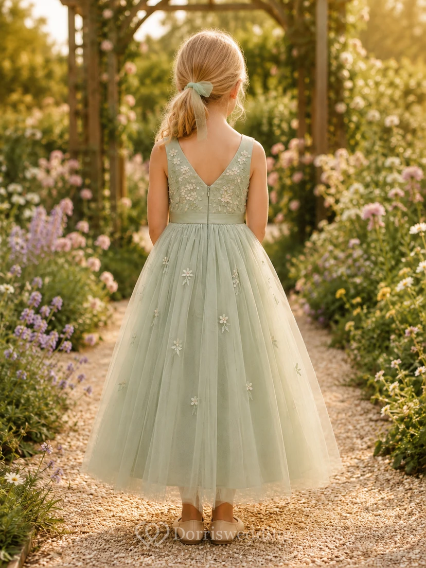 Blumenmädchenkleid aus grünem Satin-Oberteil und Tüll view 2