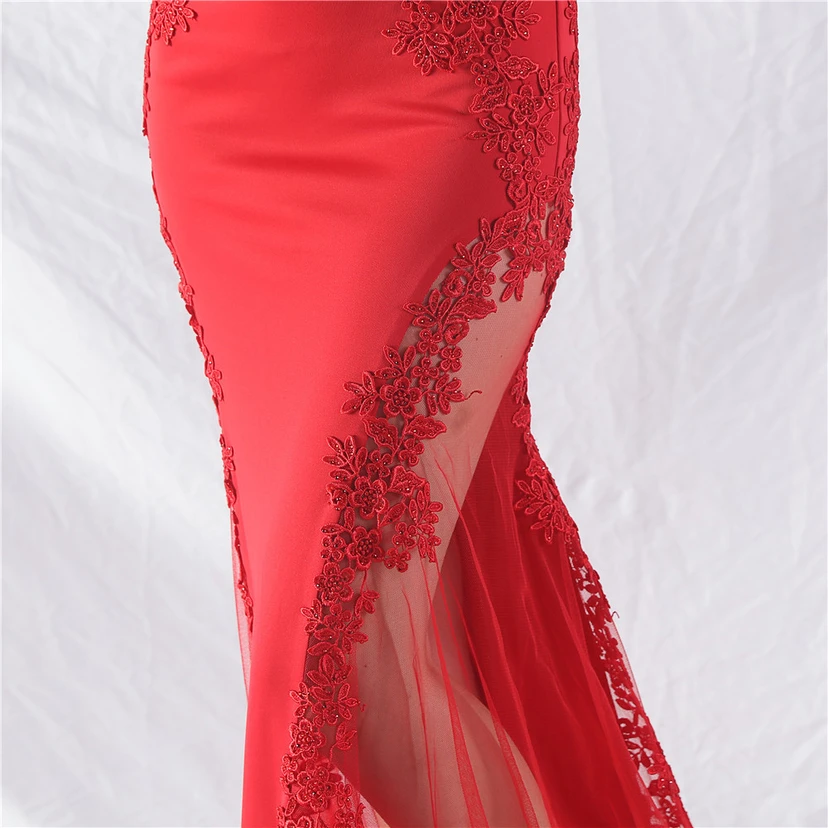 Spitzen-Abendkleid mit heißer Diamant- und Fischgrätenmuster-Weste, tiefem Taillenausschnitt, schulterfreiem Design und kurzer Schleppe view 45