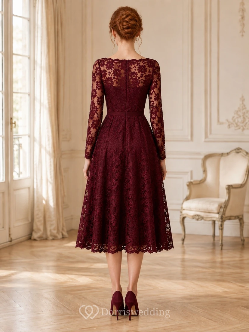 Burgundy Long Sleeve Lace A Line Vintage Formal Midi Dress view 2