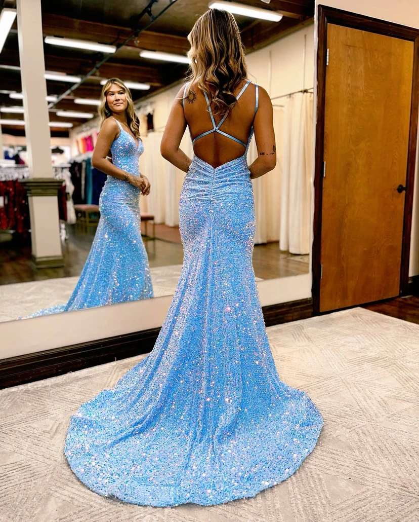 Baby Blue Sequin Mermaid Gown view 2