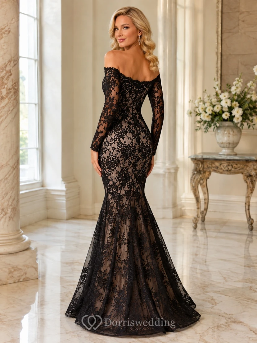 Black Lace Off-the-shoulder Long Sleeve Mermaid Floor-length Evening Gown view 2