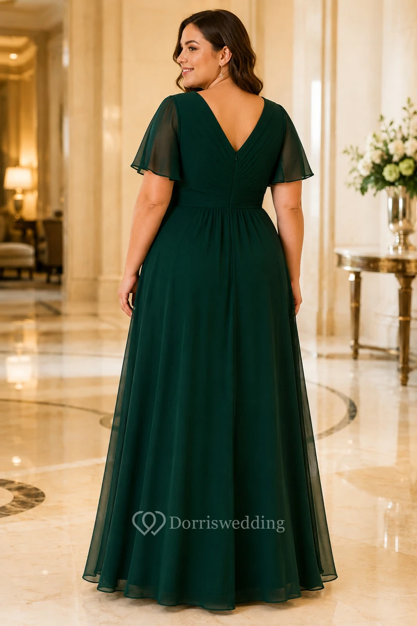 Dunkelgrünes Chiffonkleid in A-Linie mit V-Ausschnitt und kurzen, flatternden Ärmeln in großen Größen view 2