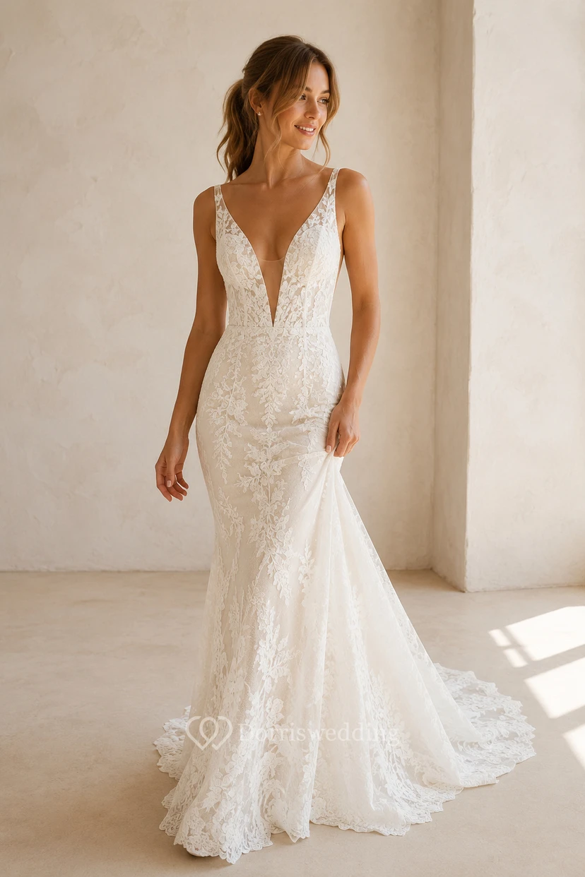 Wedding Mermaid Lace Dress with V-Neck Straps and Chapel Train