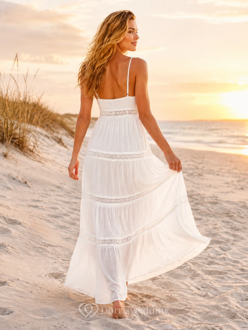 Weißes Spaghetti-Kleid aus Chiffon mit V-Ausschnitt, tiefem V-Ausschnitt und Stufenrock im Boho-Stil für Gäste view 2