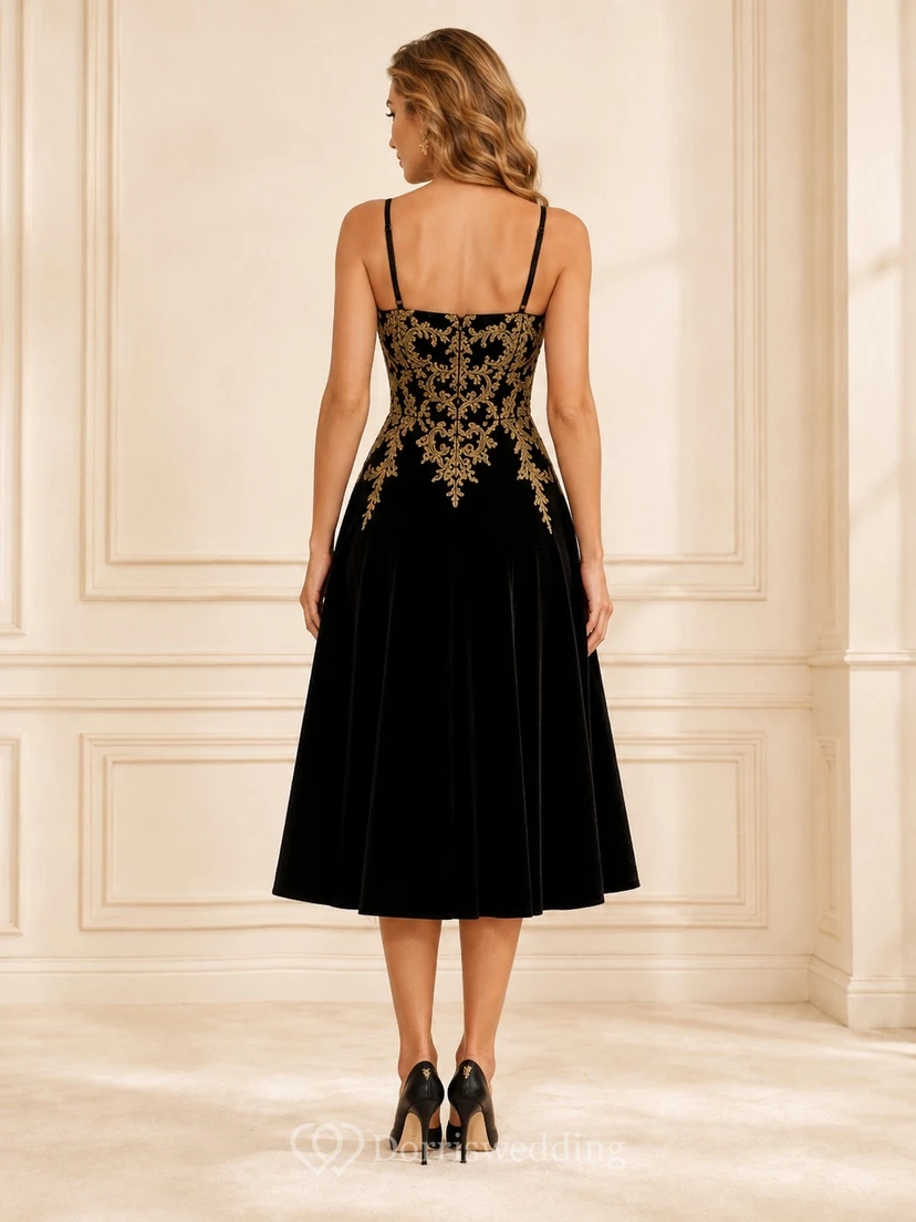 Black Gold Embroidered Sweetheart Spaghetti Velvet A-Line Tea-Length Formal Dress view 2