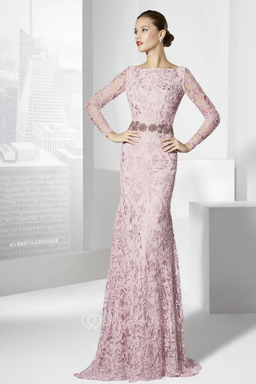 Sheath Embroidered Jewel-Neck Floor-Length Long-Sleeve Prom Dress