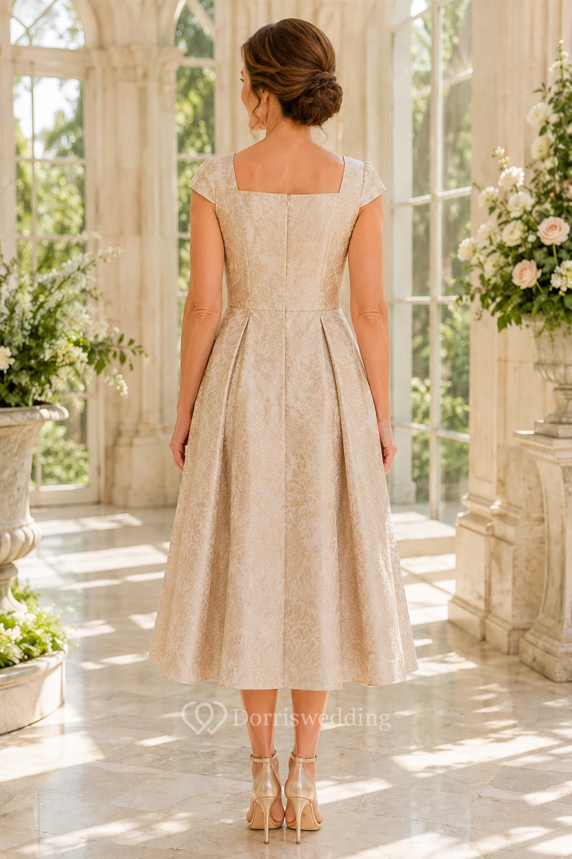 Robe de mère champagne à col carré, longueur thé et coupe trapèze view 2
