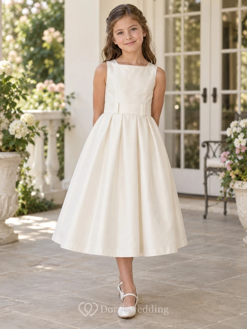 Tea-length Simple Ivory Sleeveless Satin Flower Girl Dress