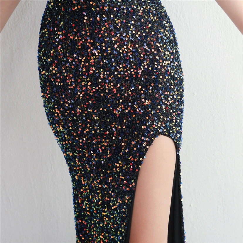 Heavy-Duty Glass Bead Craft Beaded Banquet Evening Dress Temperament Elegant Long Halter Neck Slit Sequins view 60