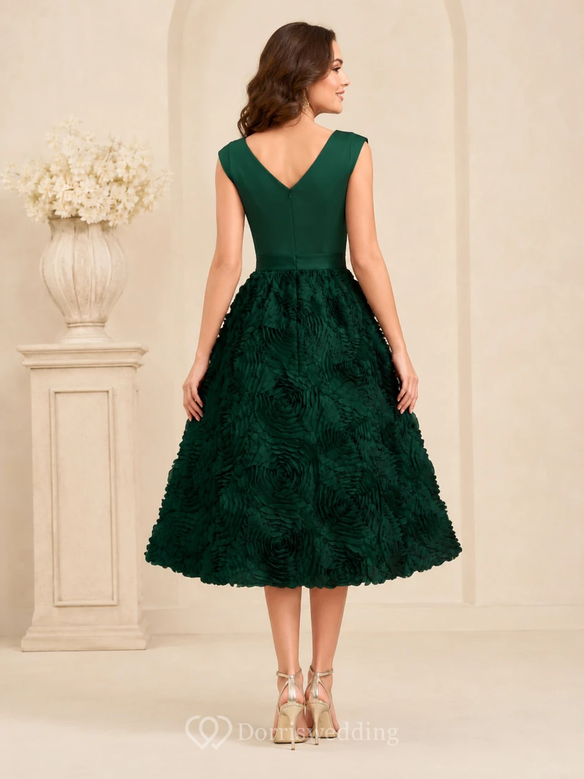 Dark Green Luxury Midi V Neck Straps Rosette Skirt Sweet Sixteen Formal Party Dress view 2