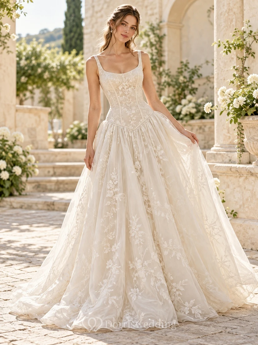 Drop Waist Scoop Neck Floral Lace Full A-line Wedding Dress
