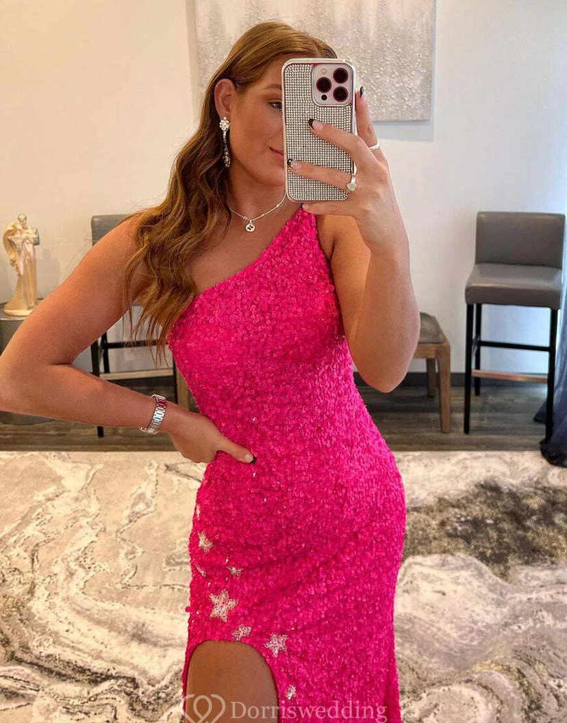 Radiant Hot-Pink One-Shoulder Sequin Gown with Thigh-High Slit view 4