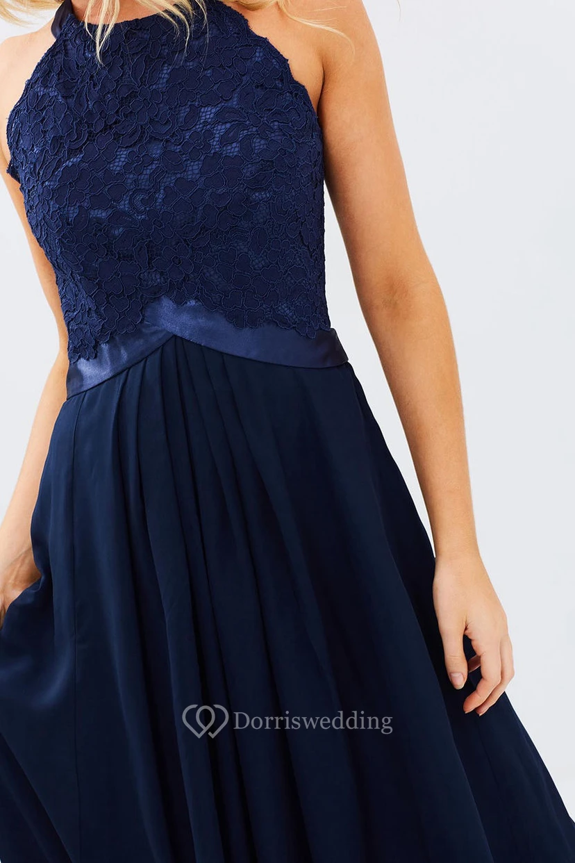 A-Line Appliqued Sleeveless Ankle-Length Scoop Chiffon Blue Bridesmaid Dress With Zipper Back And Pleats view 5