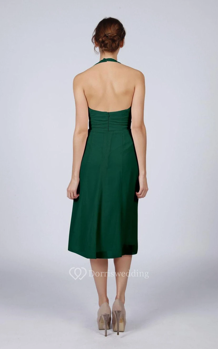Halter V Neck A-line Chiffon Tea Length Dress Forest Green view 2