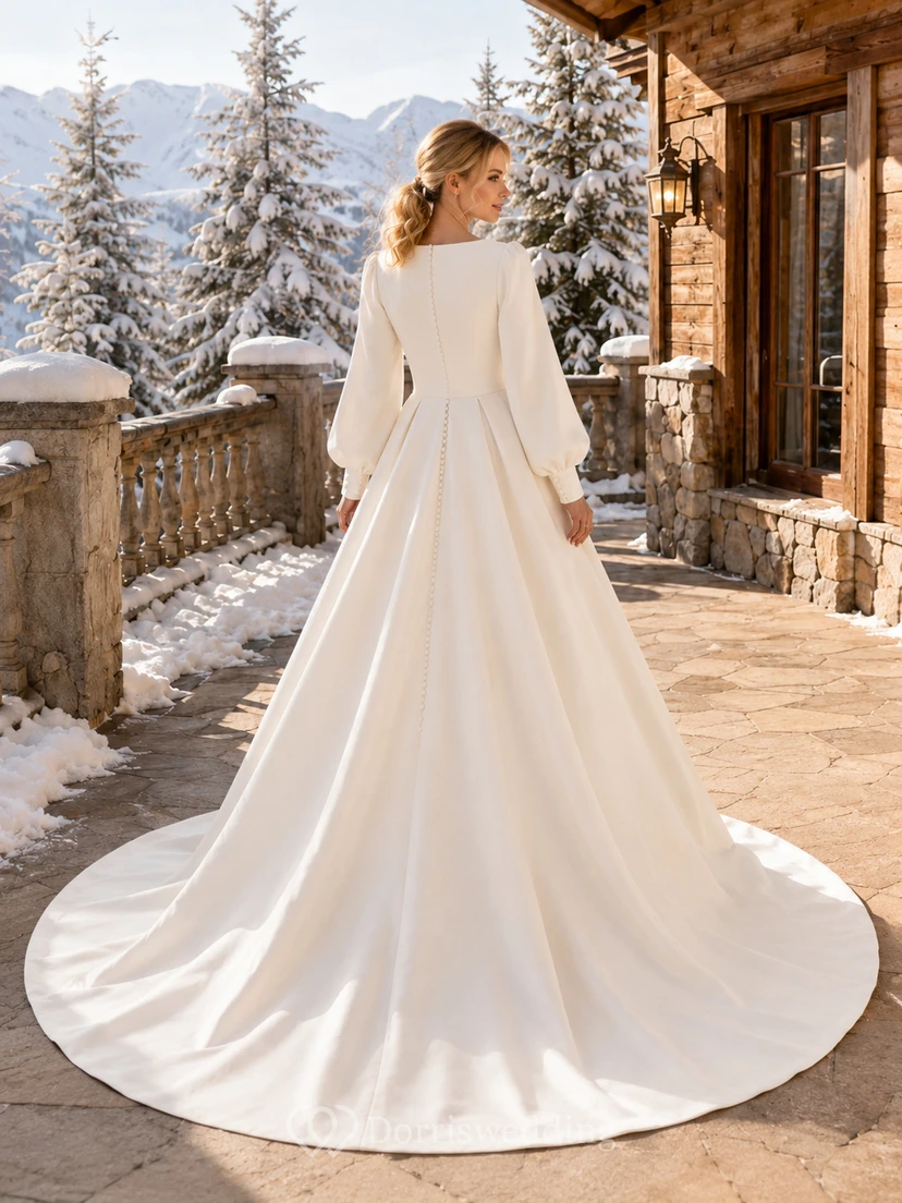 Robe de mariée d'hiver modeste, style bateau, manches bouffantes, en satin, avec traîne chapelle view 2
