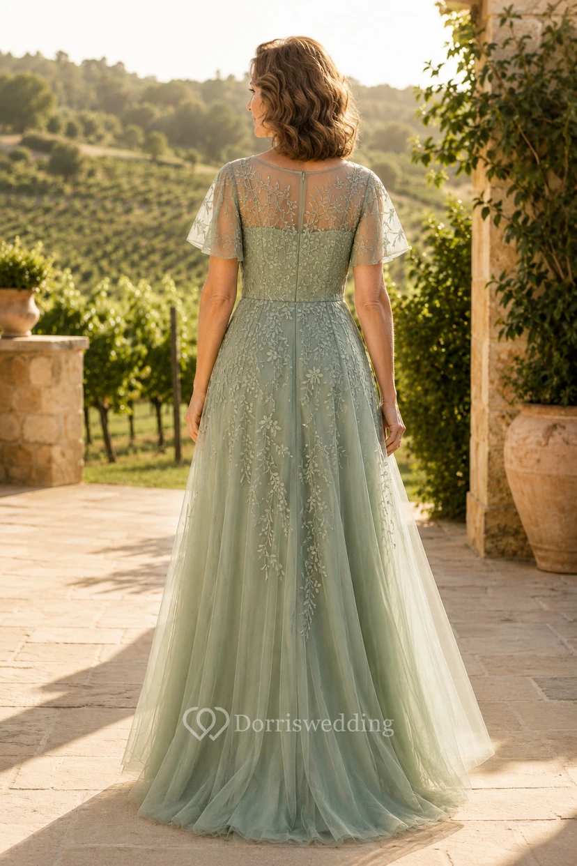 Sage Tulle A-Line Mother Dress With Lace Applique view 2