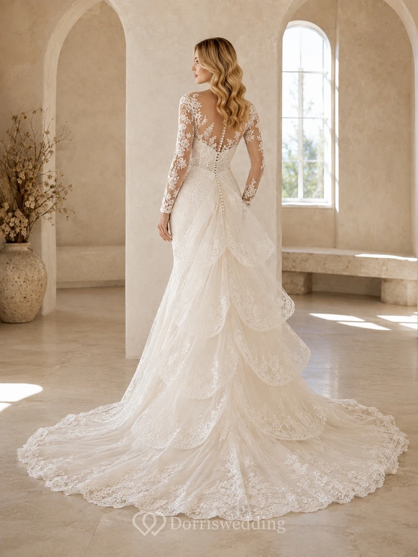 Long Sleeve A-line Lace Ruffles Sweep Train Wedding Dress Formal view 2