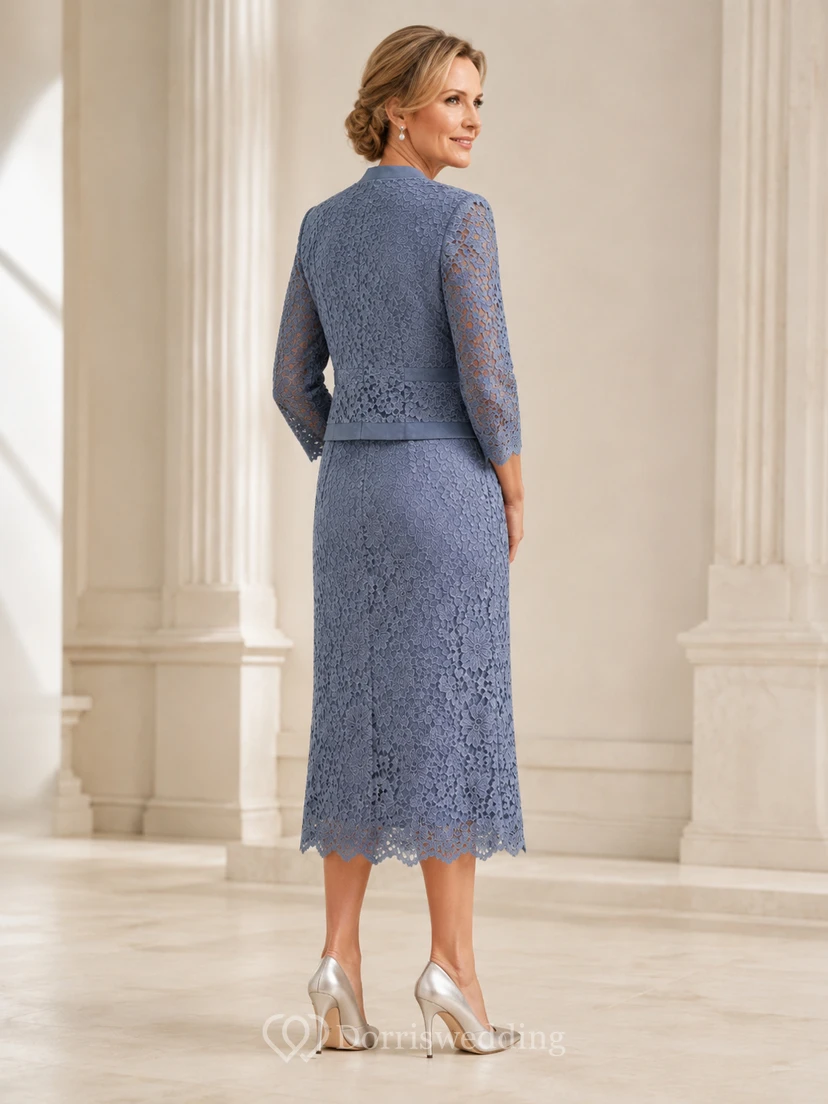 Steel Blue Lace Midi Mother of the Bride Sheath Dress with Matching Jacket view 2