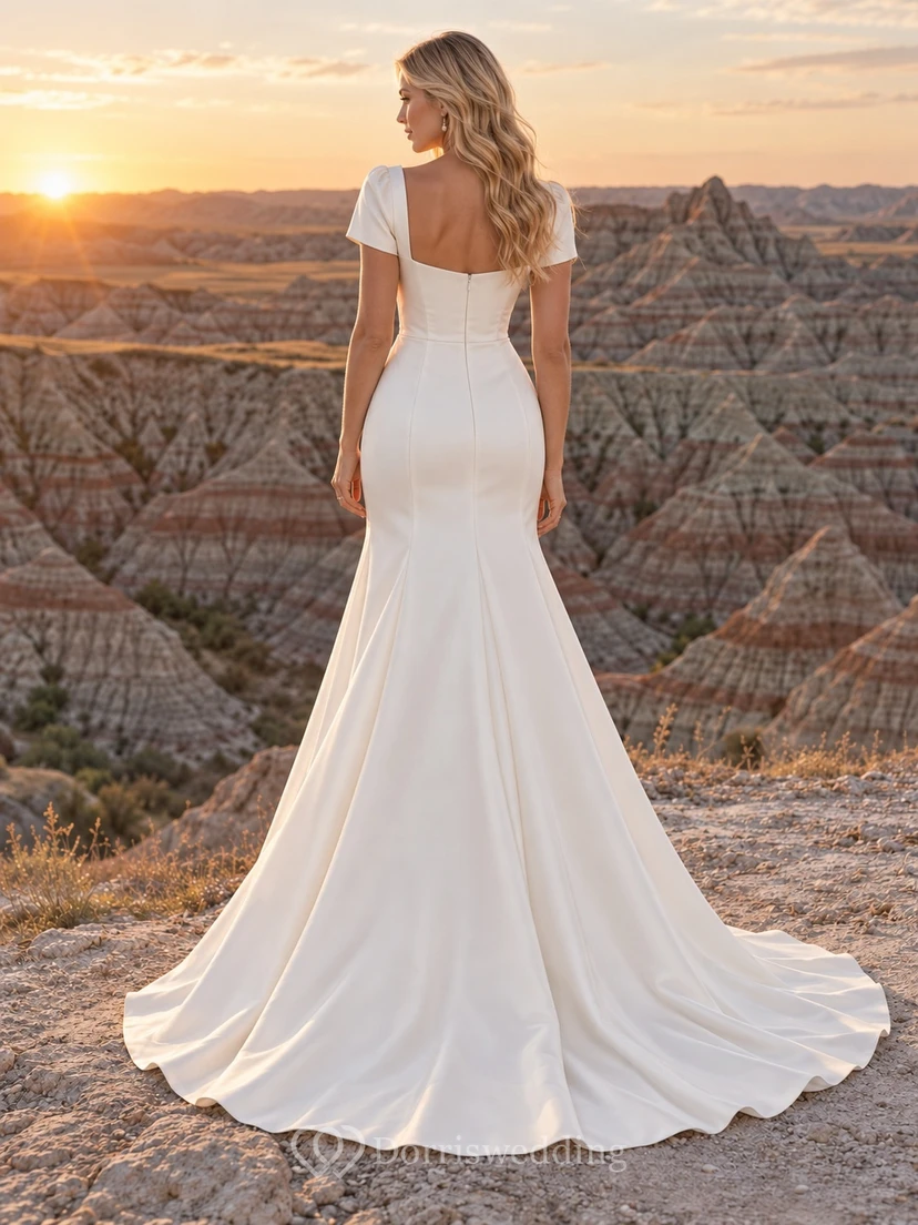 Vestido de novia sencillo de corte sirena, escote corazón, manga corta, satén mate liso y ajustado. view 2