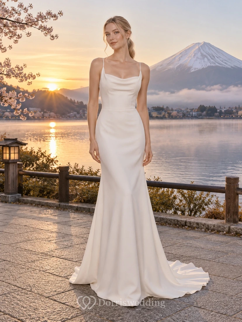 Schlichtes Meerjungfrauen-Brautkleid mit Wasserfallausschnitt, Spaghettiträgern und Schleppe