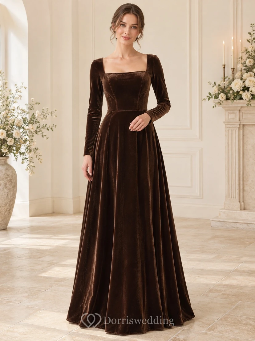 Winterliches Brautjungfernkleid aus essigem Samt mit eckigem Ausschnitt, langen Ärmeln und A-Linien-Schliff, Espresso-Optik