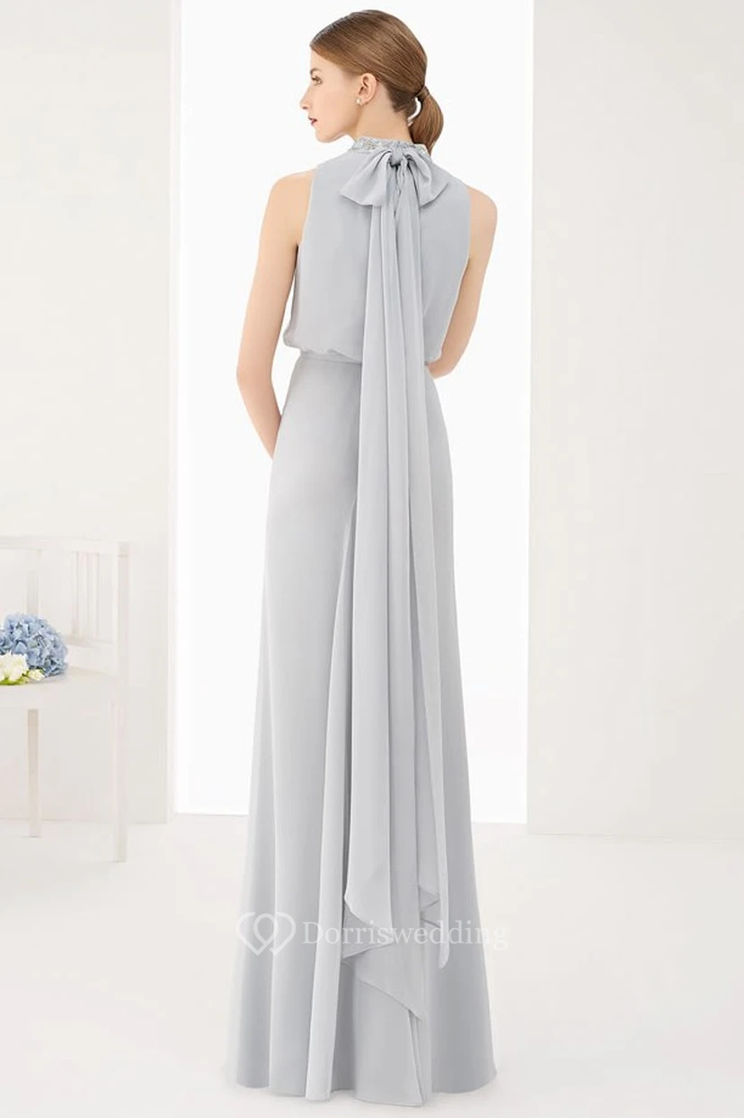 High Neck Sleeveless A-Line Chiffon Long Prom Dress With Neck Bow view 2