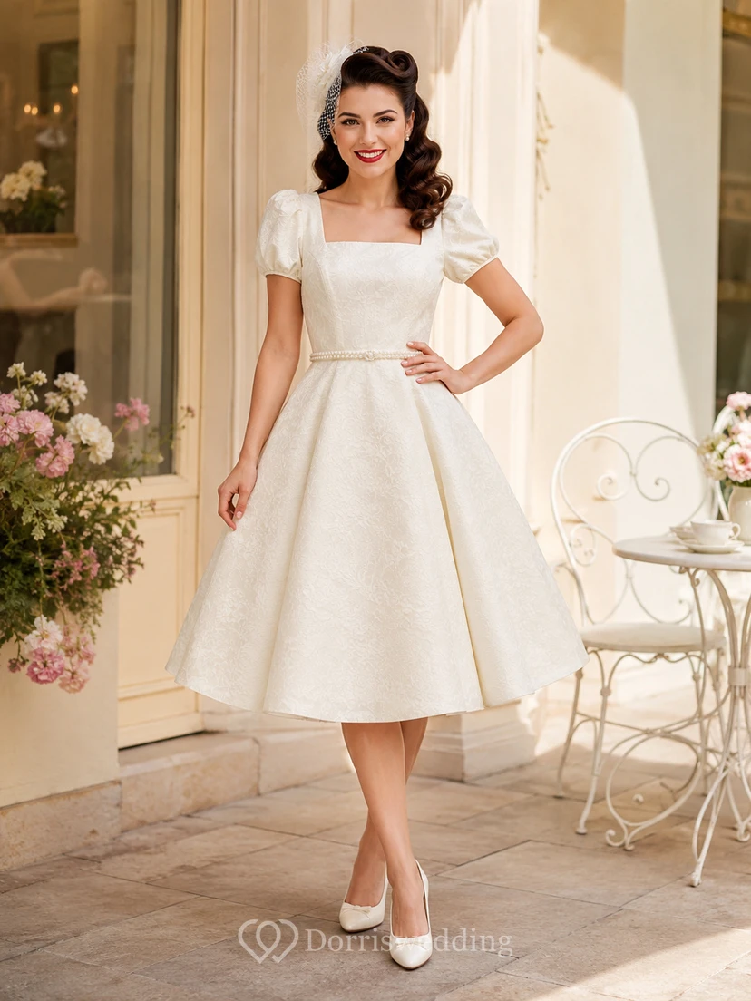 Vintage 1950s Square Neck Puff Sleeve Satin A-Line Tea Wedding Dress