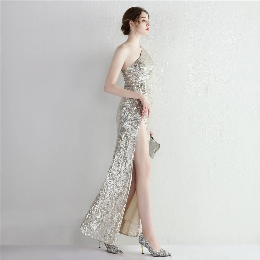 Sequined One-Shoulder Celebrity Cold Banquet Slit Long Sequin Aura Queen Dinner Fishtail Dress view 59