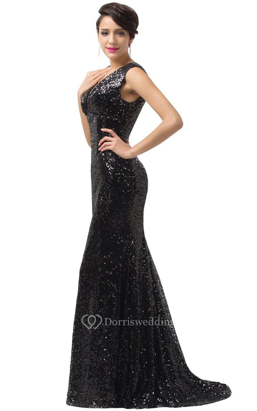 Ärmelloses Meerjungfrauenkleid mit V-Ausschnitt und Paillettenbesatz view 4