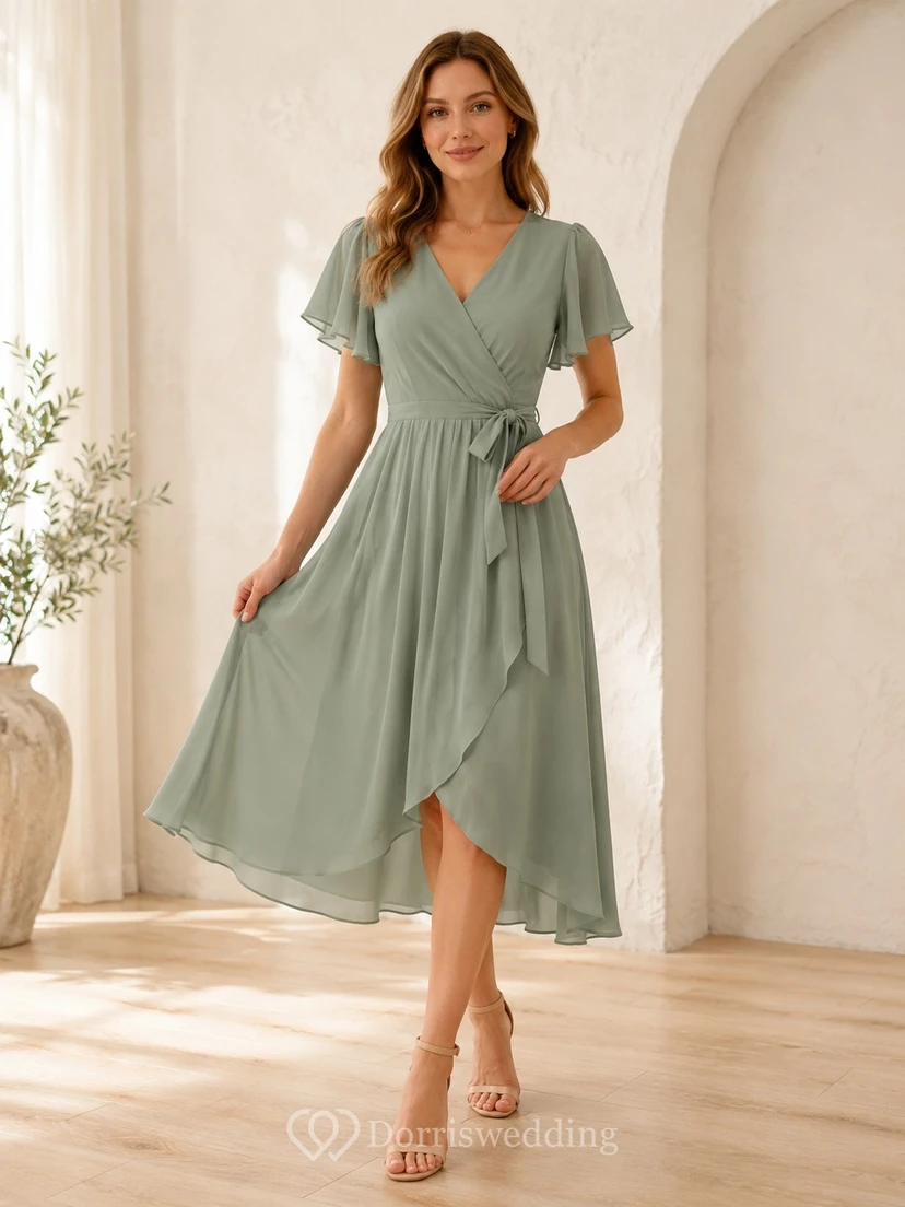 Salbeigrünes Chiffon-Wickelkleid mit V-Ausschnitt, kurzen Ärmeln, A-Linien-Schnitt und asymmetrischem Saum