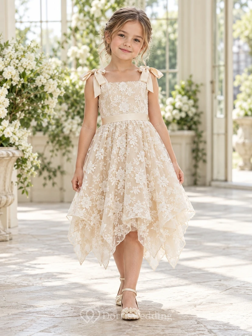Ivory Square Neck Bow Strap Floral Lace Flower Girl Dress