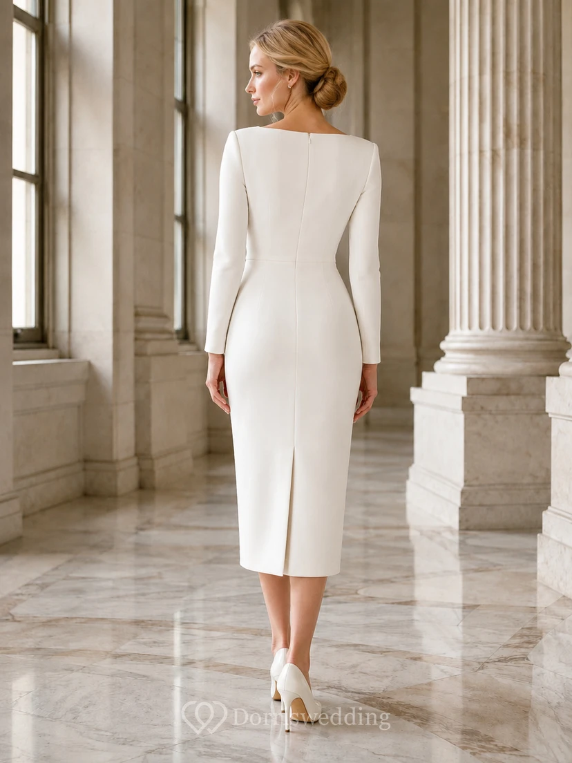 Robe de mariée minimaliste en satin, fourreau, col carré, manches longues, longueur genou view 2