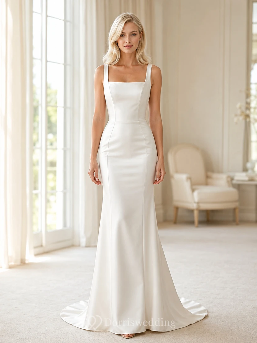 Square neck satin rehearsal mermaid gown with wide straps