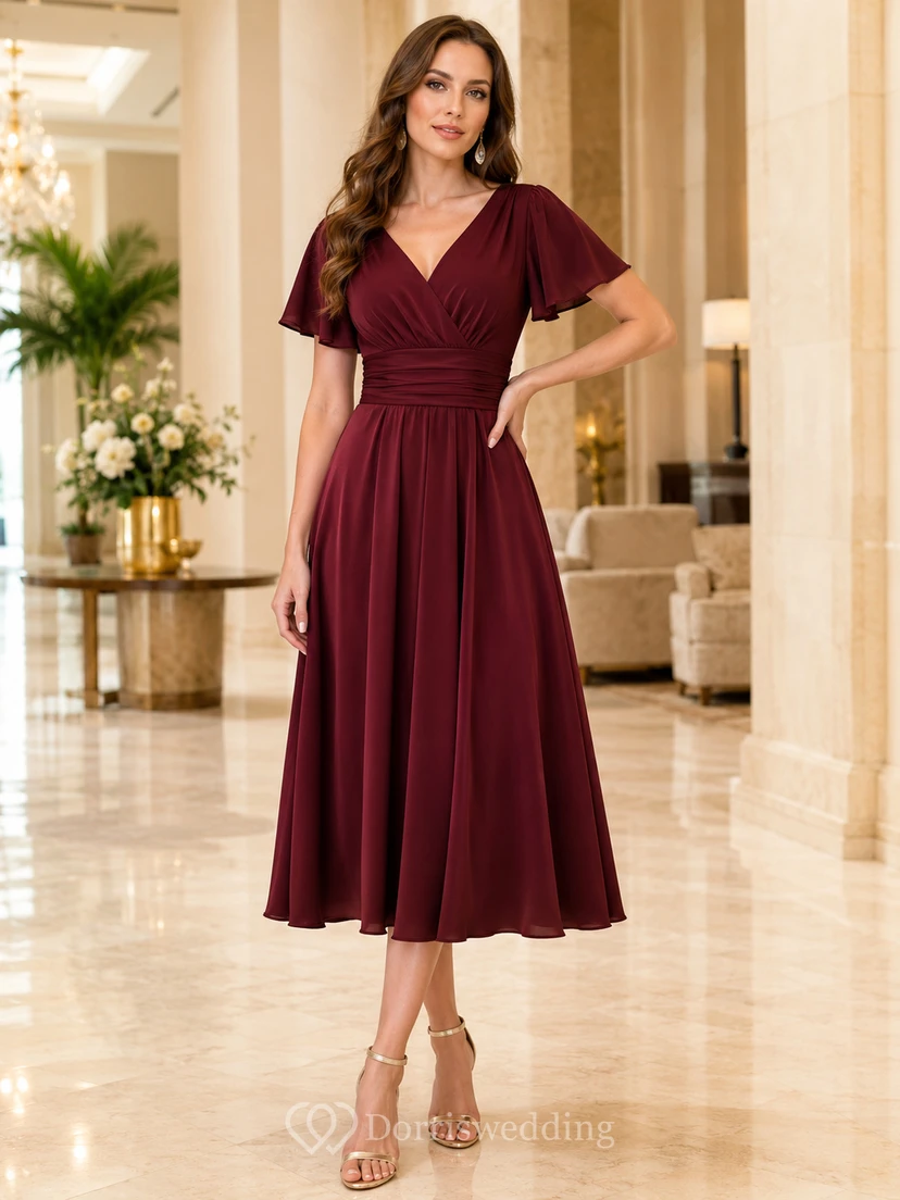 Robe d'invitée bordeaux à col en V, manches papillon, longueur thé et froncée