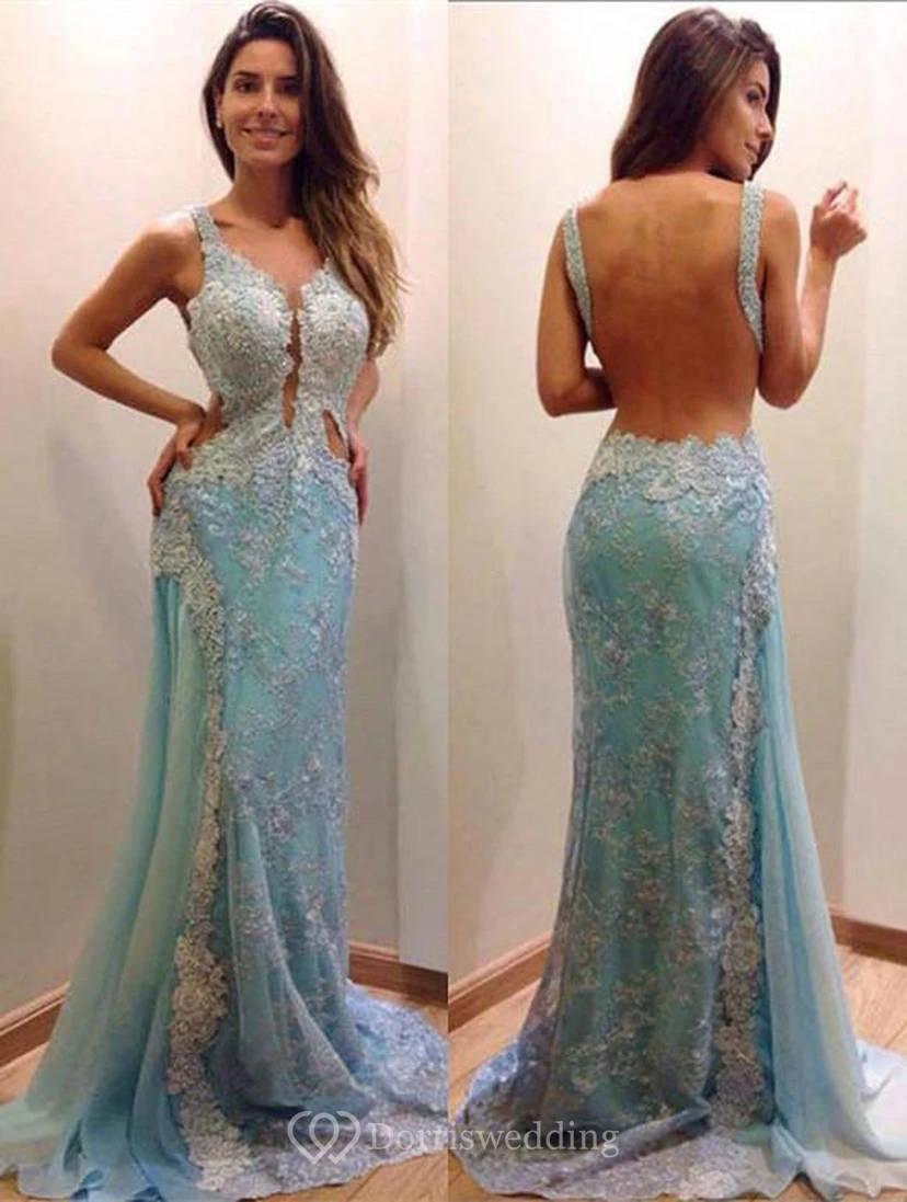 Delicate Lace Appliques A-line Evening Dress Mermaid Open Back Straps view 3