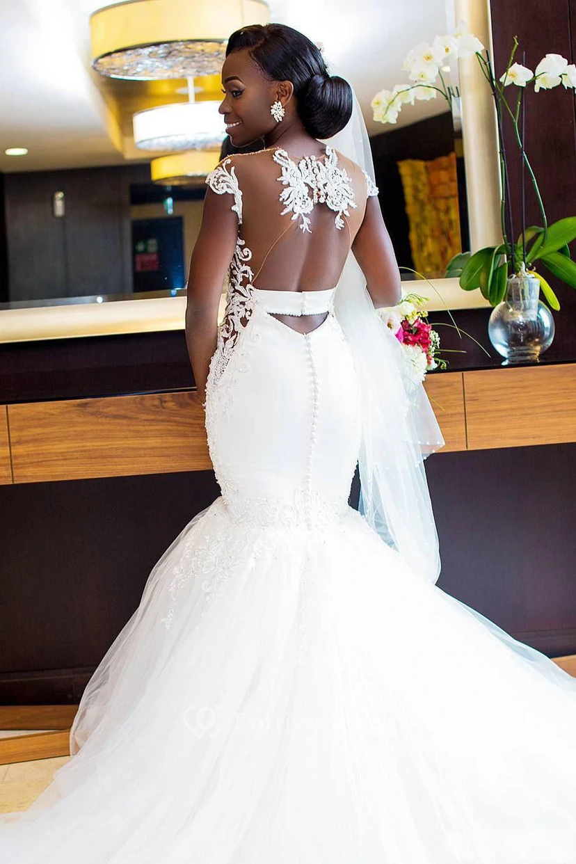 Elegant Mermaid Lace and Tulle Cap Sleeve Wedding Dress Styles with Applique view 2